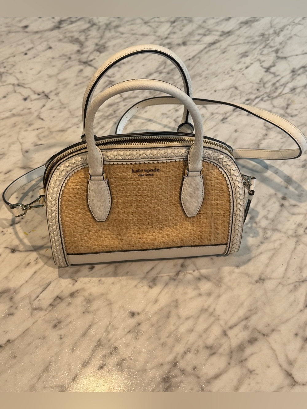 kate spade Straw Dome Satchel with White Leather Trim